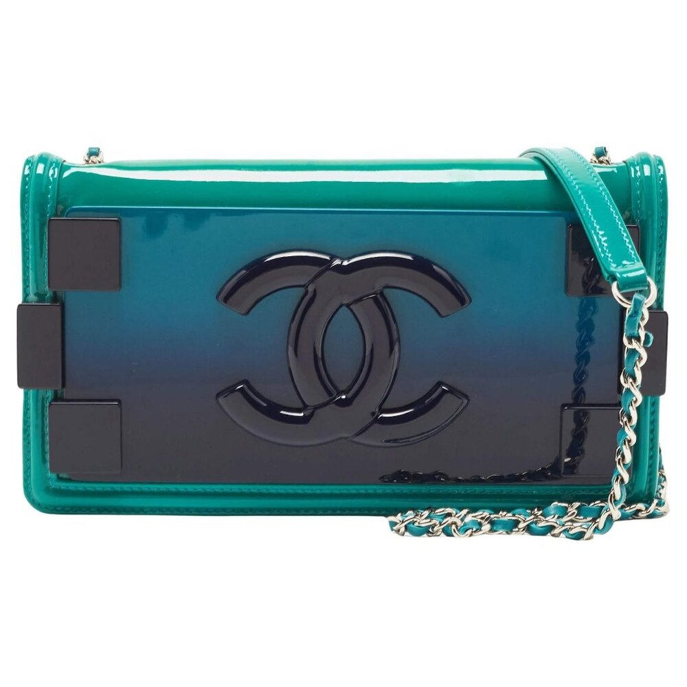 Authentic CHANEL CC Plexiglass Patent Boy Brick Flap Bag Turquoise Navy Blue